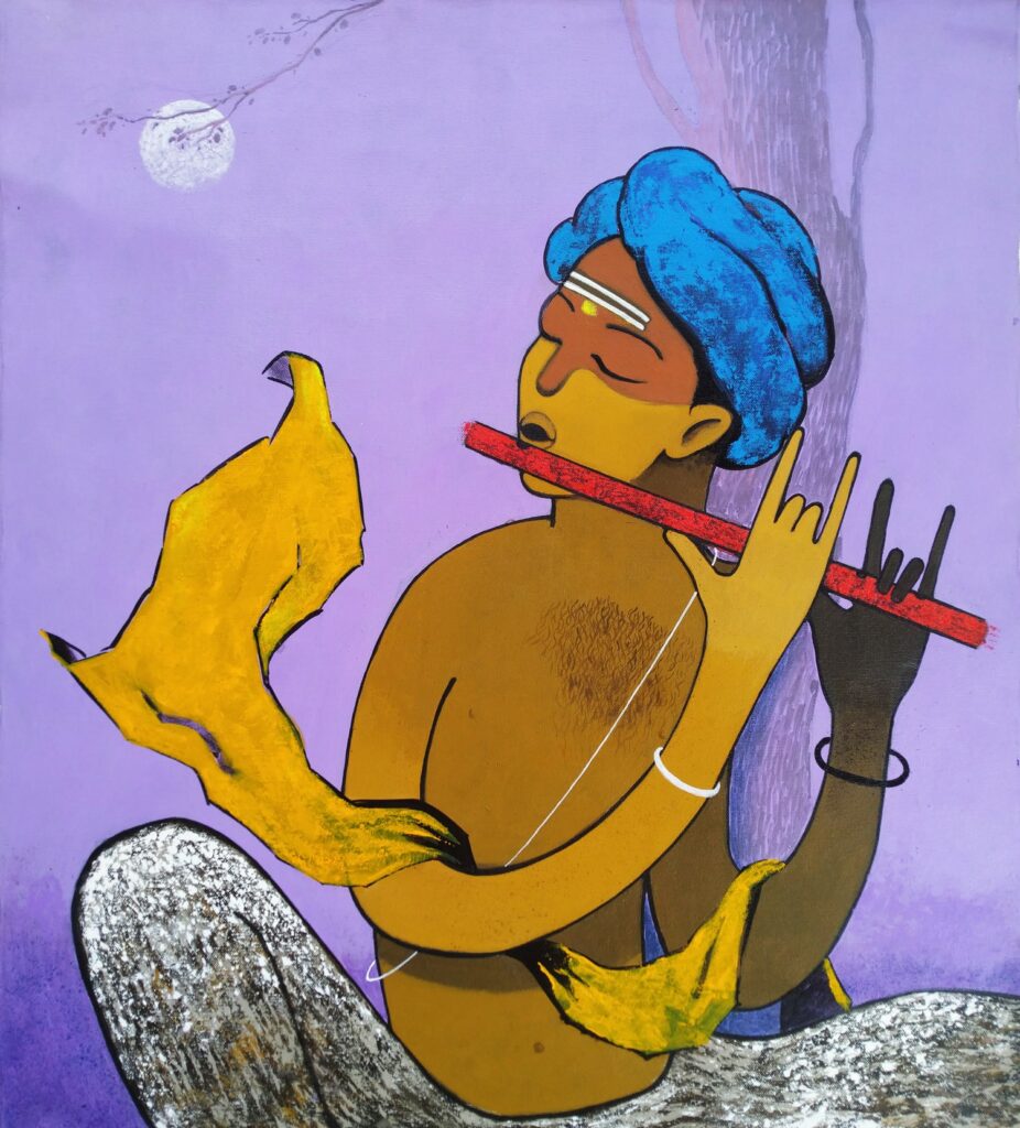 flute and moon figurative art
