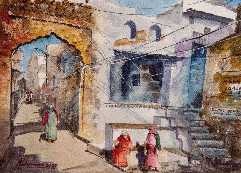 watercolour streetscapes, Indian artists ,Mojarto, Indian street paintings, streetscapes, cityscape, street paintings