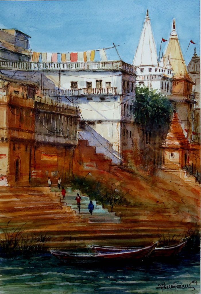 modern Indian narrative art- Banaras Ghat by Ram Kumar Maheshwari